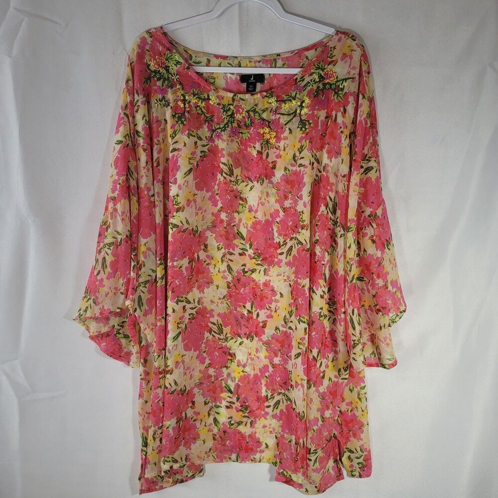J Jason Wu Floral Chiffon Embroidered Beaded Caftan Blouse Size Plus 5X Tunic